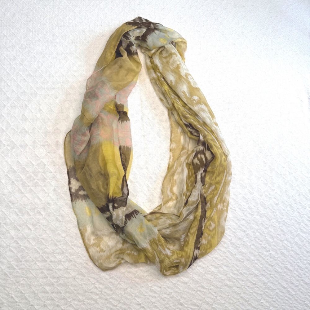 Yellow Ikat Print Lightweight Sheer Infinity Scarf Mustard Brown Boho Accessory